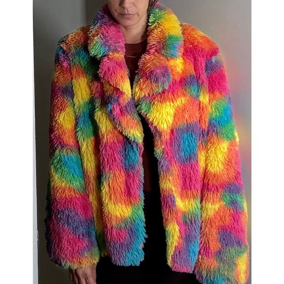Rainbow Camo Shaggy Faux Fur Rave Jacket size M/L - Picture 1 of 12